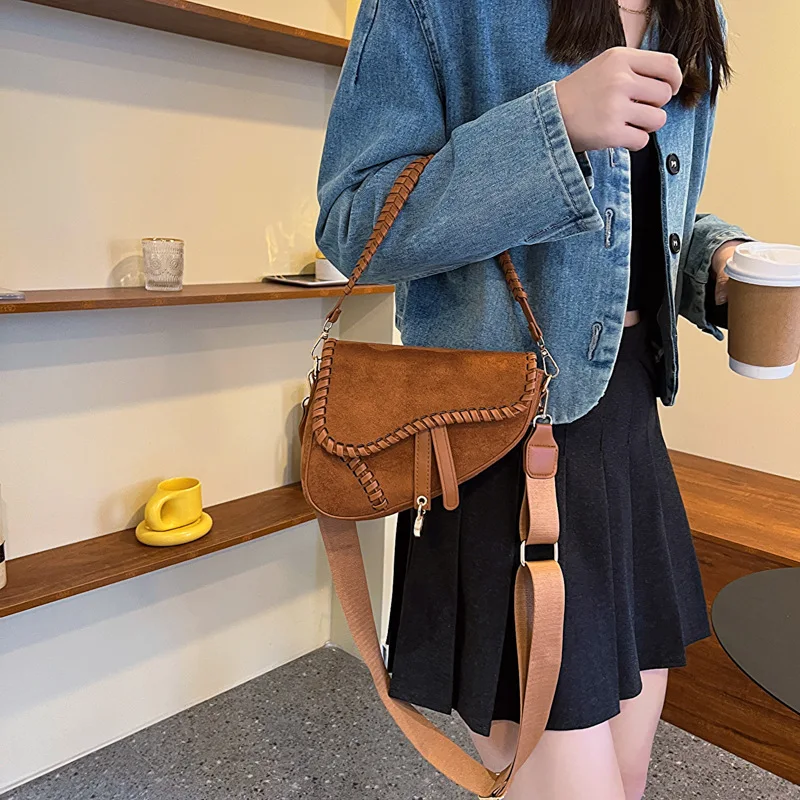 women fashion minimalist new Korean style retro handbags wide shoulder strap crossbody braided saddle bag