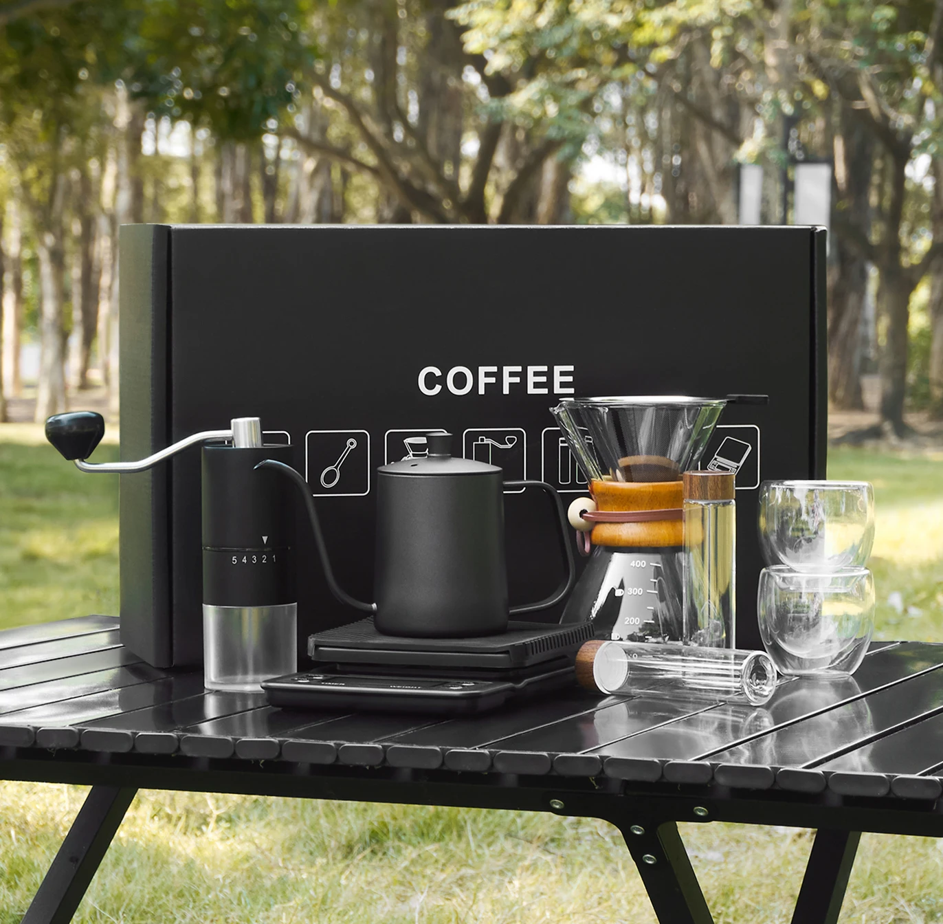 New 9 Pieces Premium Travel Case Arabic Coffee Kit with Pour Over Kettle Manual Grinder Hand Drip Brew Pour Over Coffee Set