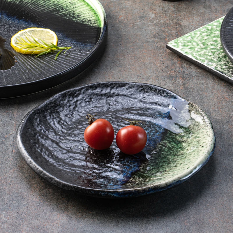 Yayu new listing Horeca luxury modern black green ceramic dinner steak flat plates for Korean food restaurant porcelain dishes