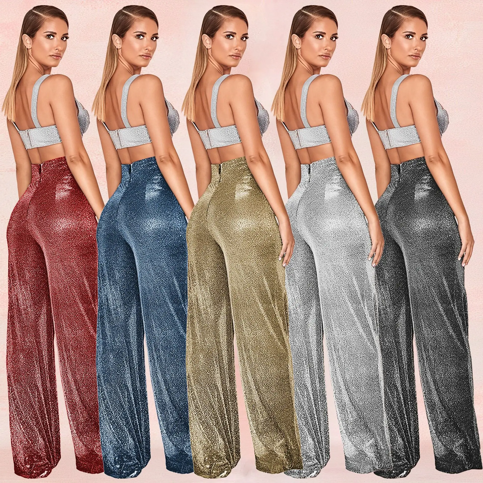 Party Elastic High Rise Sexy Metallic Sequined Pants Women Trousers Wide Leg Pants For Women