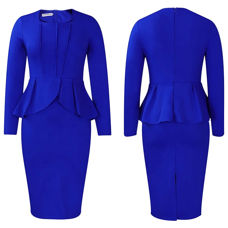 Womens Peplum Career Dresses Slim Ruffle Official Church Outfits Pleated Formal Gown Business Party Wear Sheath Dress