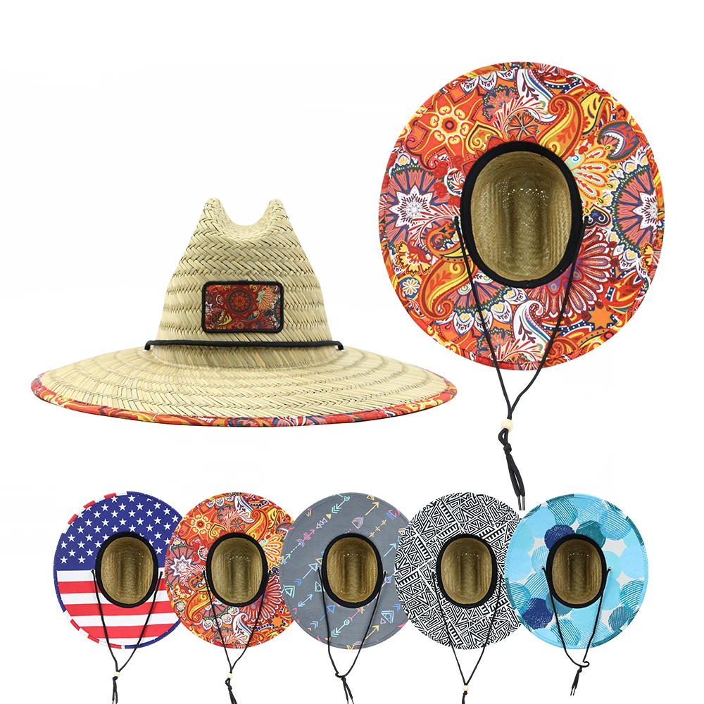 Adjustable Chin Strap Palm Leaf Straw Hat Upf 50+ Wide Brim Sun Beach Straw Hat Custom Lifeguard Straw Hat