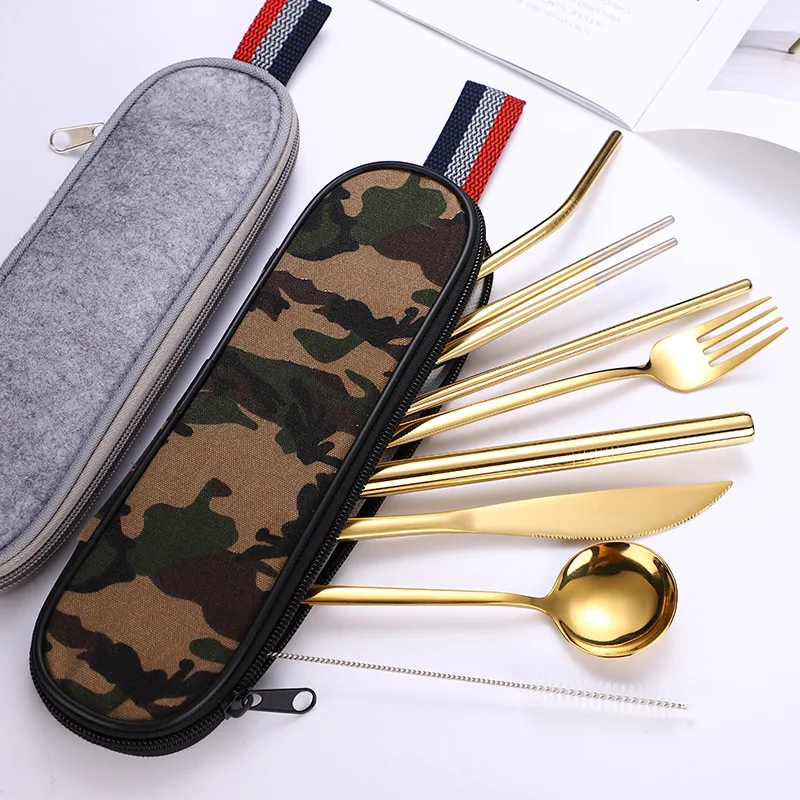 Wholesale 9 Piece Reusable Travel Utensils Silverware with Case, Stainless steel Portable Flatware Camping Cutlery Set With Meta