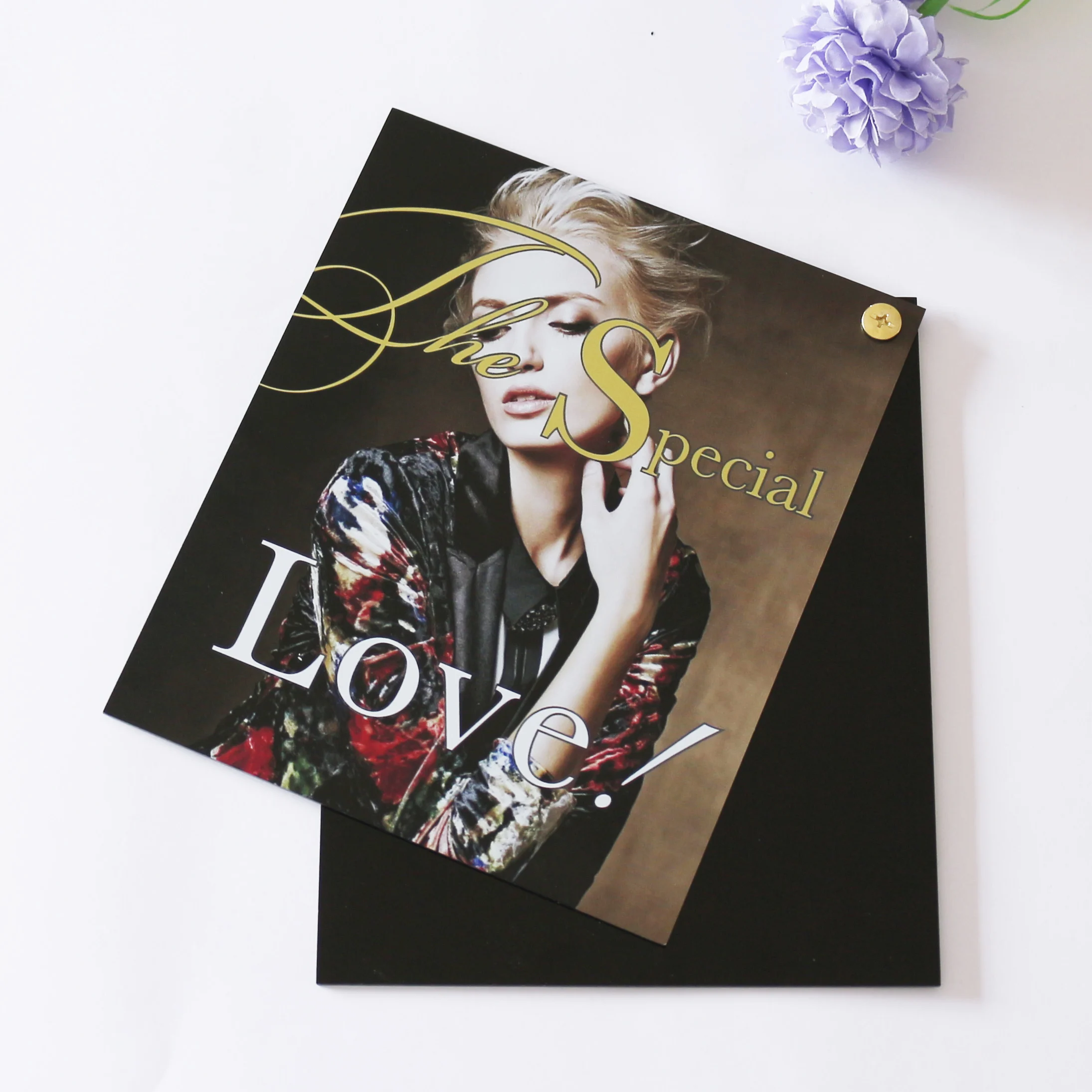 Gorgeous the Special Love Theme Banquet Menu Card UV Printing Beauty Photos Gold Foil Logo Black Acrylic Card Set