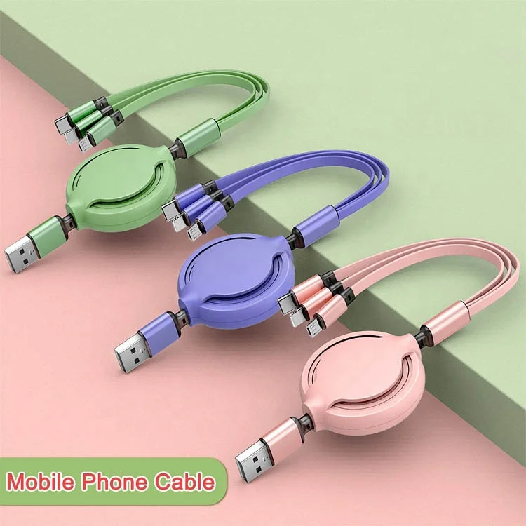 Candy Color Custom Logo Universal QC3.0 Retractable 3 in 1 USB Quick Charging Charger Cable