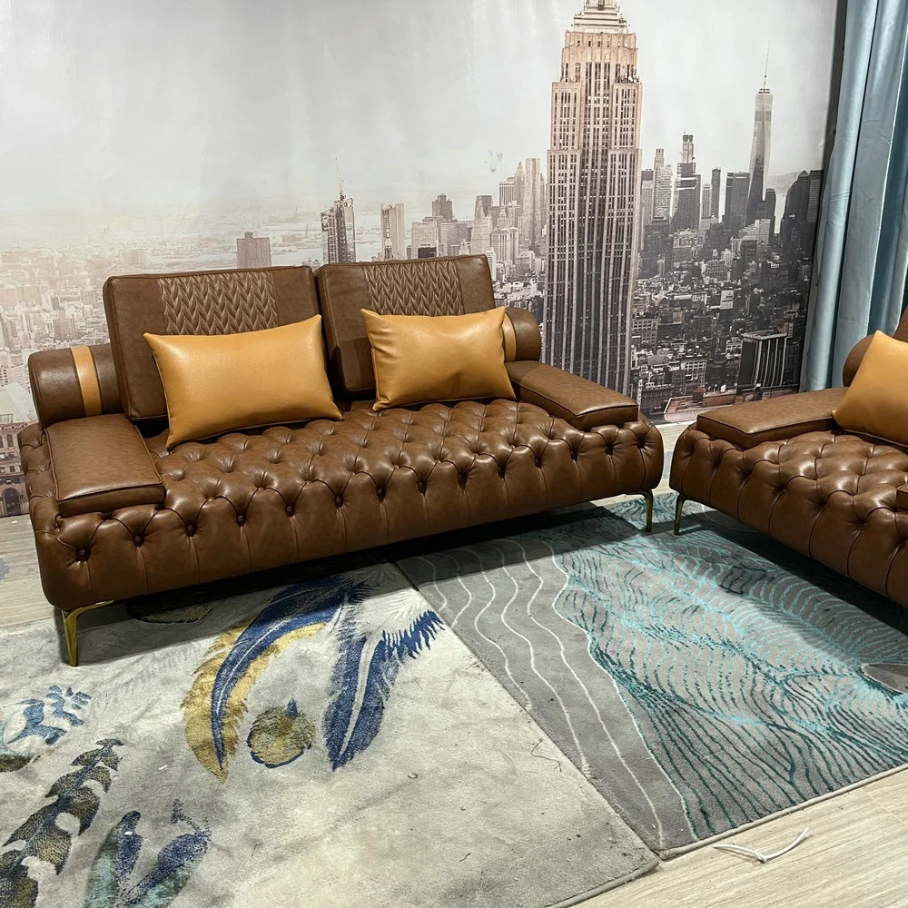Hotel Lobby Tufted Design Living Room Furniture Buttons Chesterfield 2 Seater Leather Sofa With Golden Metal Legs
