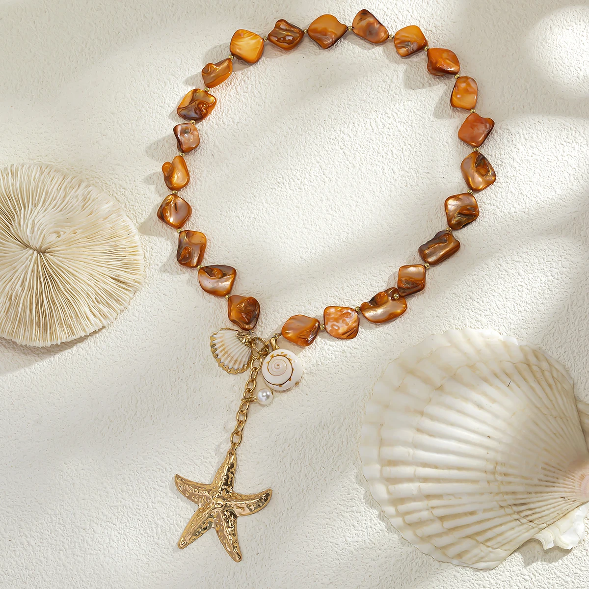 Bohemia Fragmented-Shells Beaded Chain with Big Starfish Pendant Necklace for Women Trendy Summer Vacation Choker Collar Jewelry