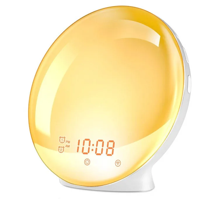 Smart life APP Control bedroom led sunrise bedside wake up light colored sunrise simulation alarm clock with radio