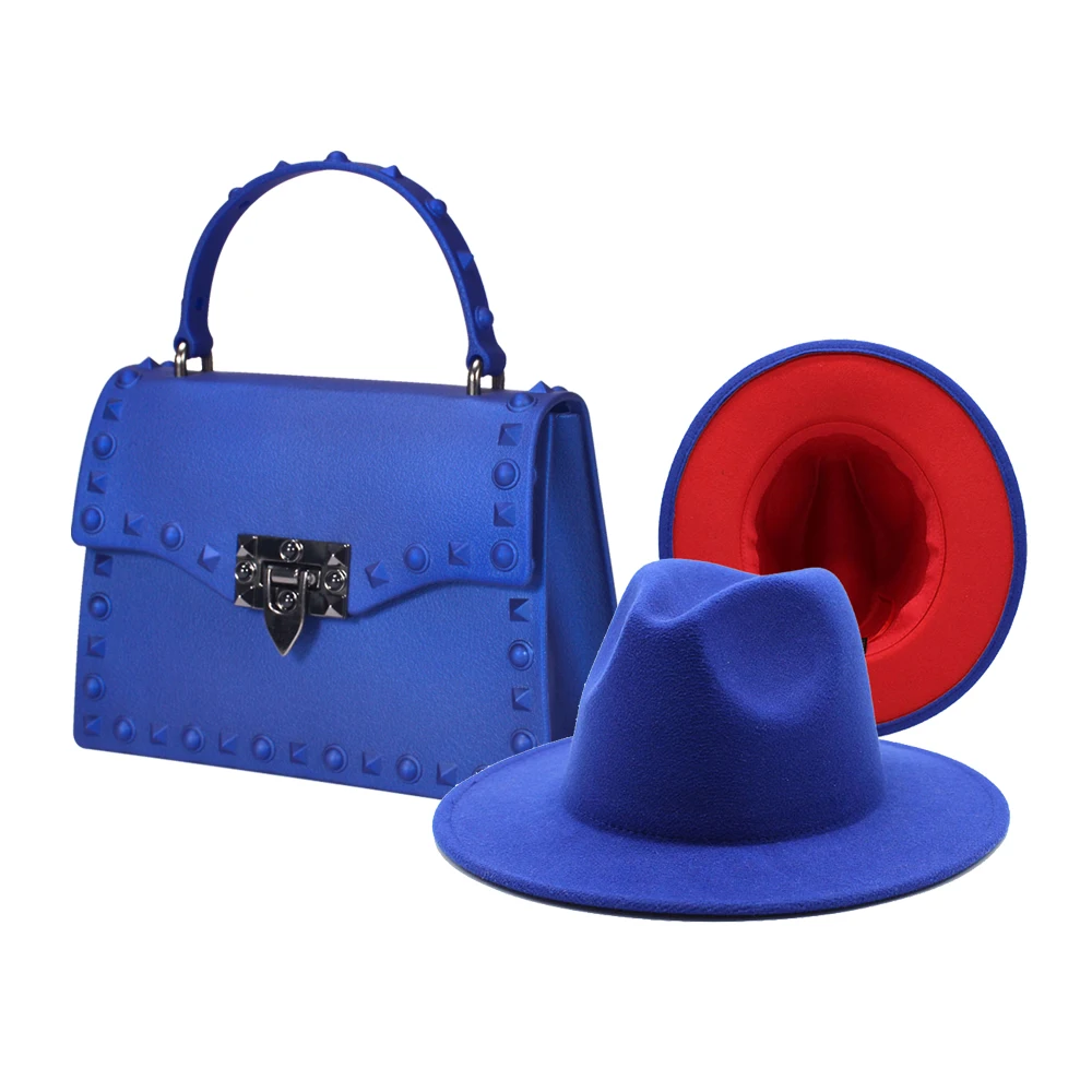 2021 Designer PVC Jelly bag matching hat ladies Matte Rivet HandBags high quality fedora hats and purse Set
