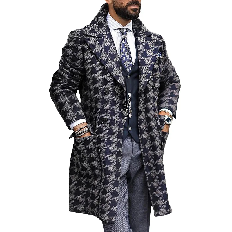 2022 Winter Men Medium Long Woolen Fashion Printed Suit Collar Single-breasted Overcoat Casual Coat For Men