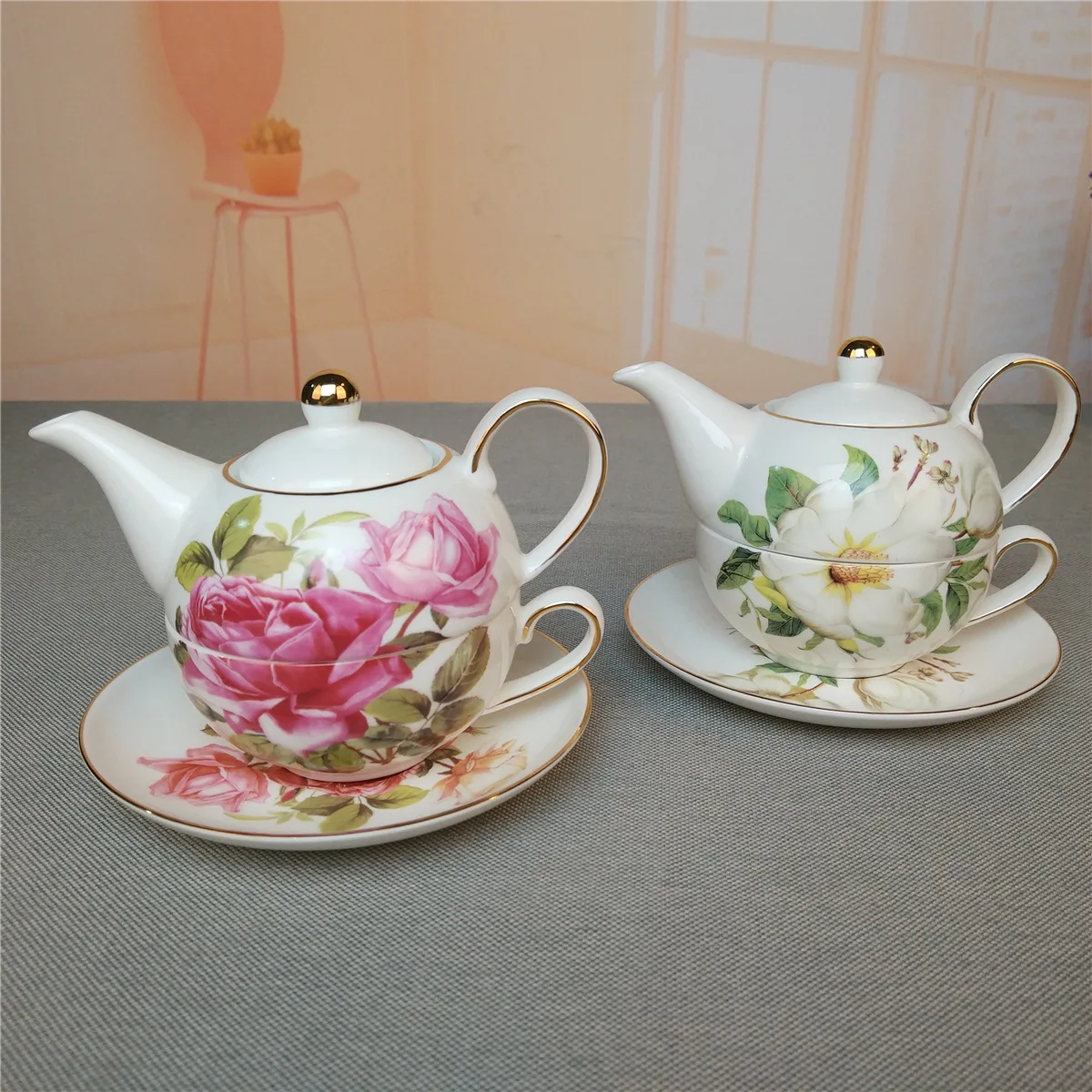 Porcelain Floral Teapot and Teacup For One
