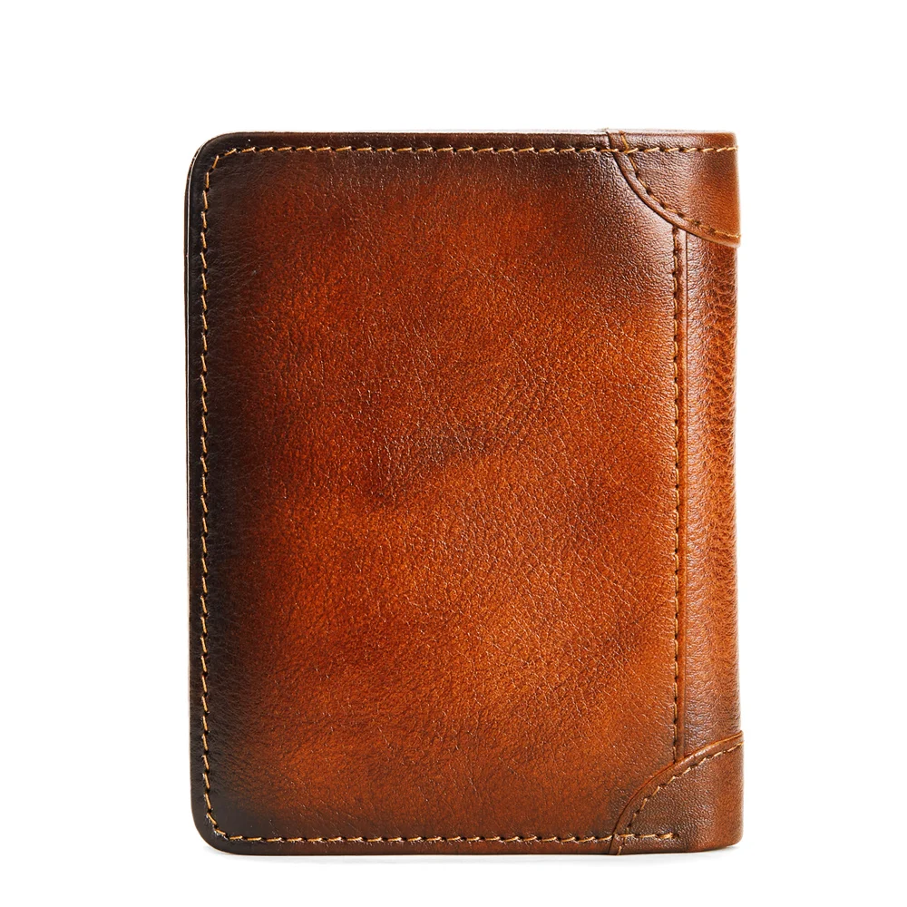 Custom Full Grain Vegetable Tanned Leather Trifold Men RFID Wallet with Sim Card Slot