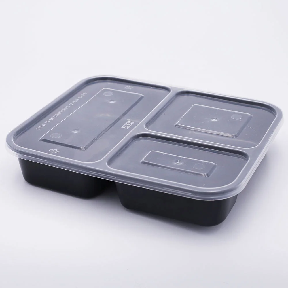 plastic take away packing rectangle disposable plastic food box pp container 3 three compartment for food with divide