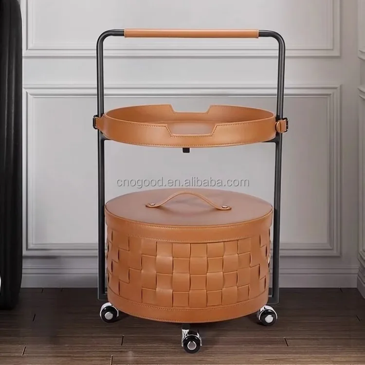 Italian Style Rolling Storage Cart Stainless Steel Saddle Leather Bedside Table Modern Luxury Can Move The Sofa Side Table