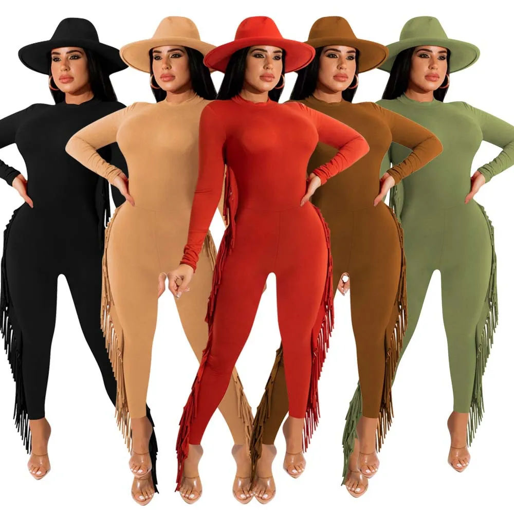 Elegant Bodycon Jumper Pants Jumpsuits Long Sleeve Playsuit Bodysuits Slim Tassel Women Jumpsuit With Fringes