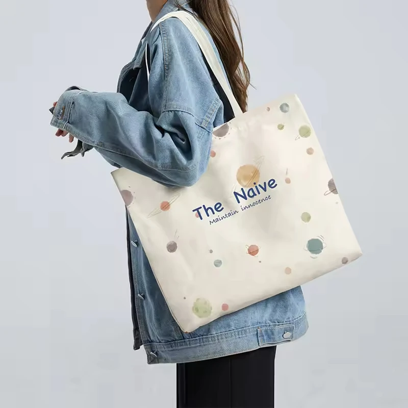 Color Printing Double-sided Canvas Tote Bags Reusable Cotton Linen Shopping Grocery Storage Handbags