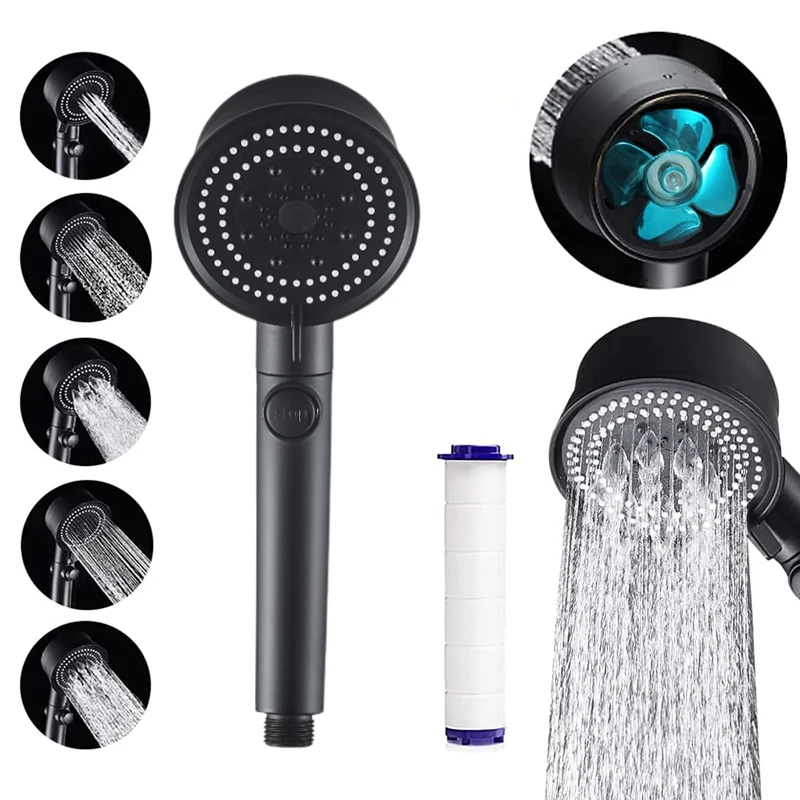 Wholesale Black 5 Function Mist Spray  Hydro Jet High Pressure Power Vortex 360 Fan Handheld Shower Abs Showerhead