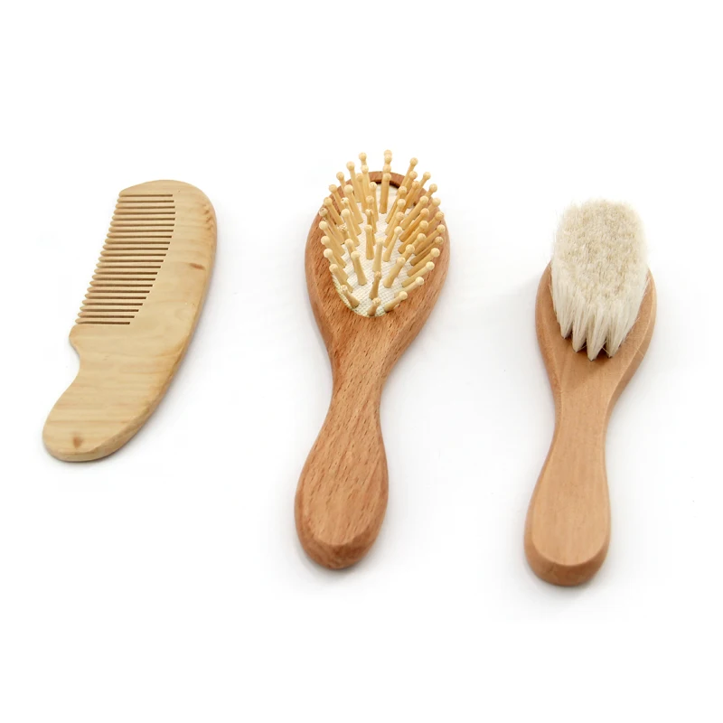 Baby Hair Brush and Comb Set Custom 3Pcs Eco-friendly Wooden Baby Hair Brush and Comb Set