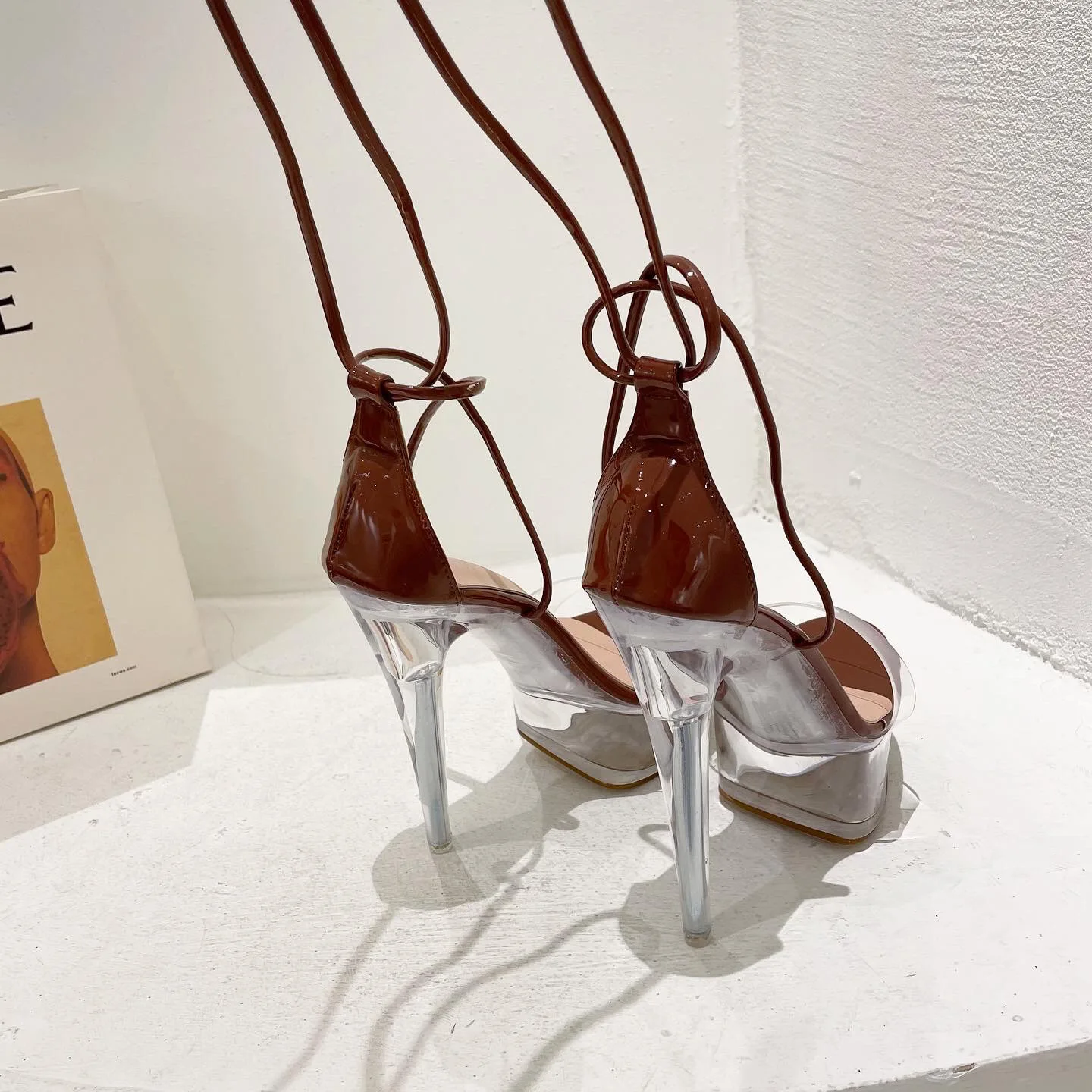 PDEP new arrival transparent lace up design high shoes women heels platform night club clear stripper heels sandals for ladies