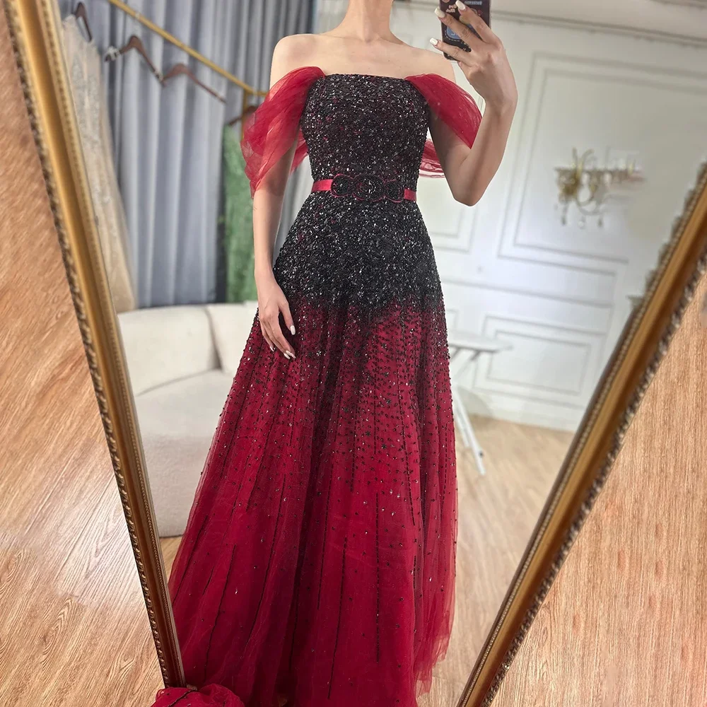 Gradual Change Wine Red Black 2024 Beaded Bling A-Line Luxury for Party Gowns Off Shoulder Tulle Evening Dresses