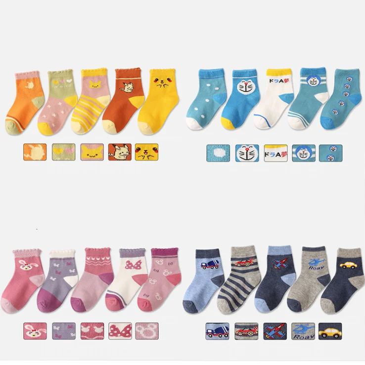 wholesale 5 pack children cute kids socks cotton girls school teen boys socks jacquard kids cartoon crew sock