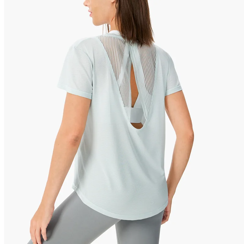 Aoyema Sports Short-Sleeved Women Loose Fitness Clothes Large Size Quick-Drying T-Shirt Yoga Tops Mesh Breathable Blouse