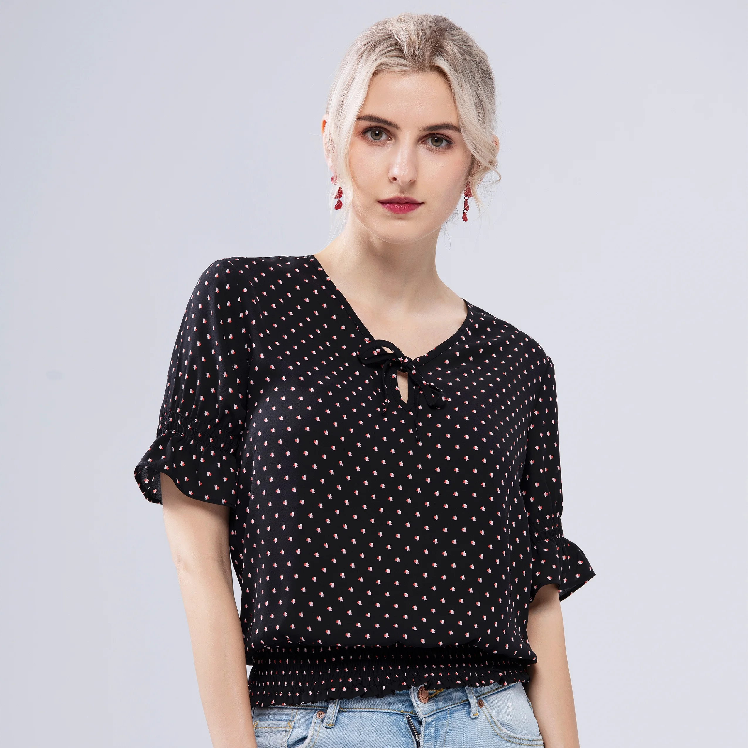 Ladies Fashion Elegant Casual V Neck Short Ruffle Sleeve Ladies Shirts for Women Tops Blouses
