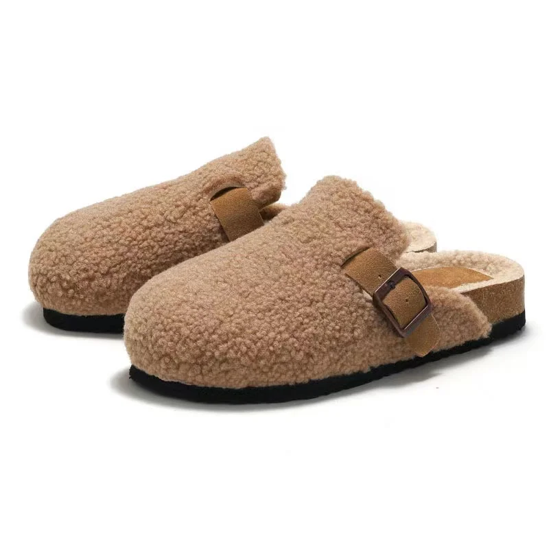 StepGrace Winter Women Faux Cow Suede Mule Clogs Home Fur Slippers Warm Indoor Fluffy Soft Cork Buckle Slides Footwear For Women