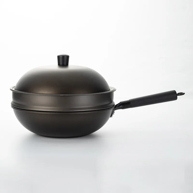 32cm Fine Iron Frying Pan Household Cooking Iron Pan with Steamer