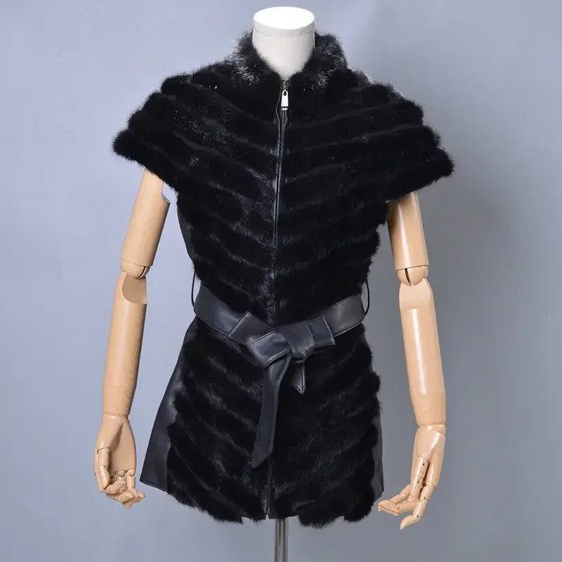 MWFur Winter Street Fashion Female Fur Coat Fur Sleeveless For Women In Winter Women Vest Mink Fur Vest With Belted Winter