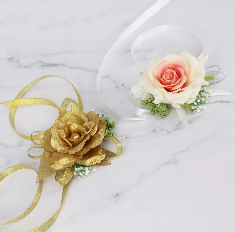 XH078 Bridal Bouquet European Wedding Bride New Ball Banquet Bridesmaid Sister Champagne Powder Rich Gold Silk Flower Rose Wrist