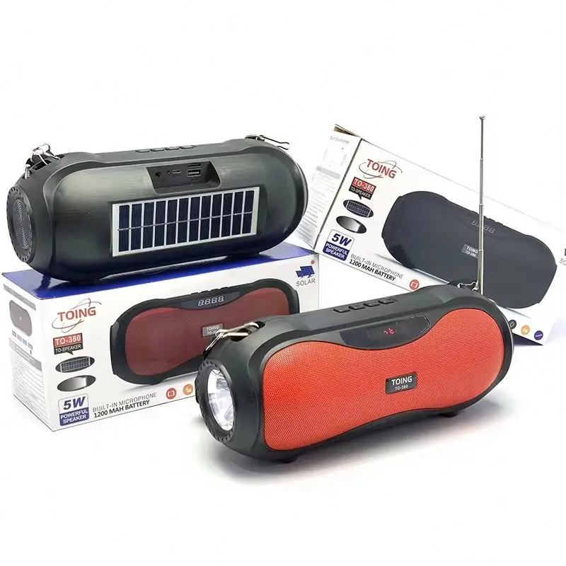 TO-380 5 watt Solar panel Charging Outdoor Flashlight stereo subwoofer bass BT Speaker Wireless Portable USB/FM radio Speaker