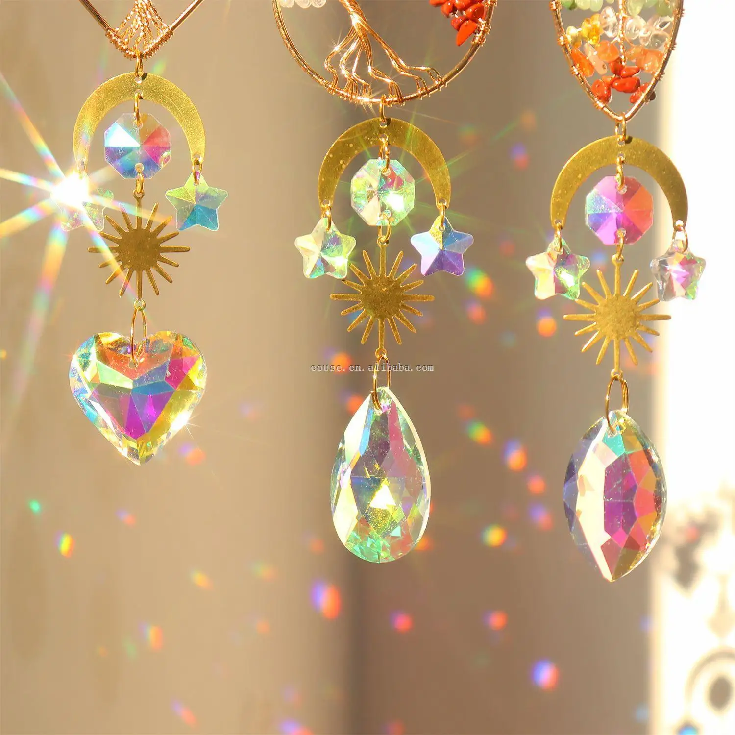 Golden Tree of Life Love Heart shaped Crystal Catcher Hanging Window Sun Prism Decoration Indoor Rainbow Maker