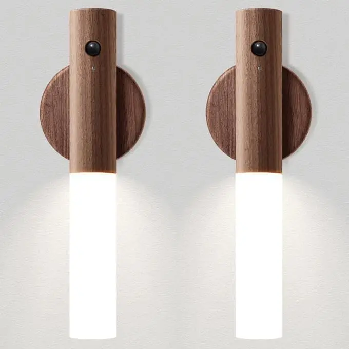 2 pack Motion Sensor Light Indoor Night Light Wall Sconce Wooden Rechargeable Portable Magnetic Battery Operated LED Night Light