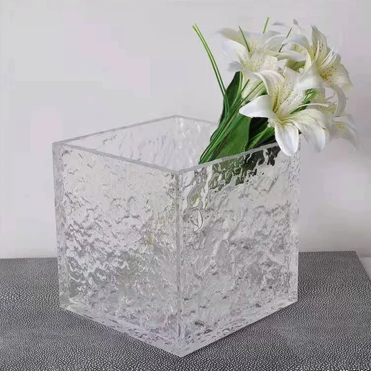 Home Decorate Clear Acrylic 5 Sided Box Transparent Crystal Water Ripple Flower Cube Vase