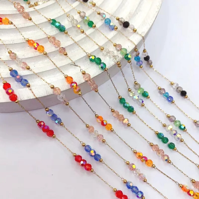 CH-HDB0153 Fashion Multicolor Glass Stone Beads Rosary Chain,Gold Plated Wire Link Chain,Jewelry Making Component Wholesale