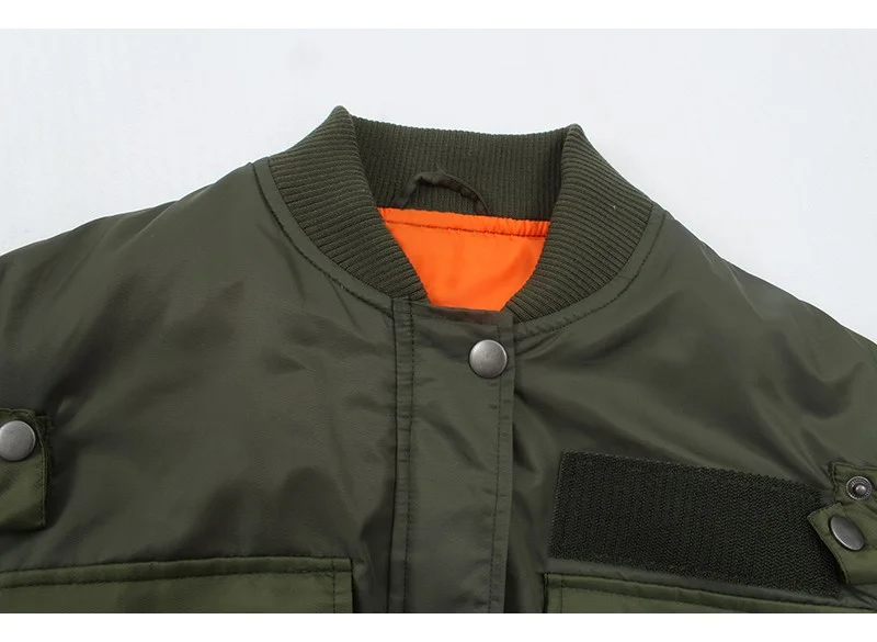 2020  Army Green Warm Zipper Pockets Winter Coat Female Jacket Women Cropped Bomber Jackets