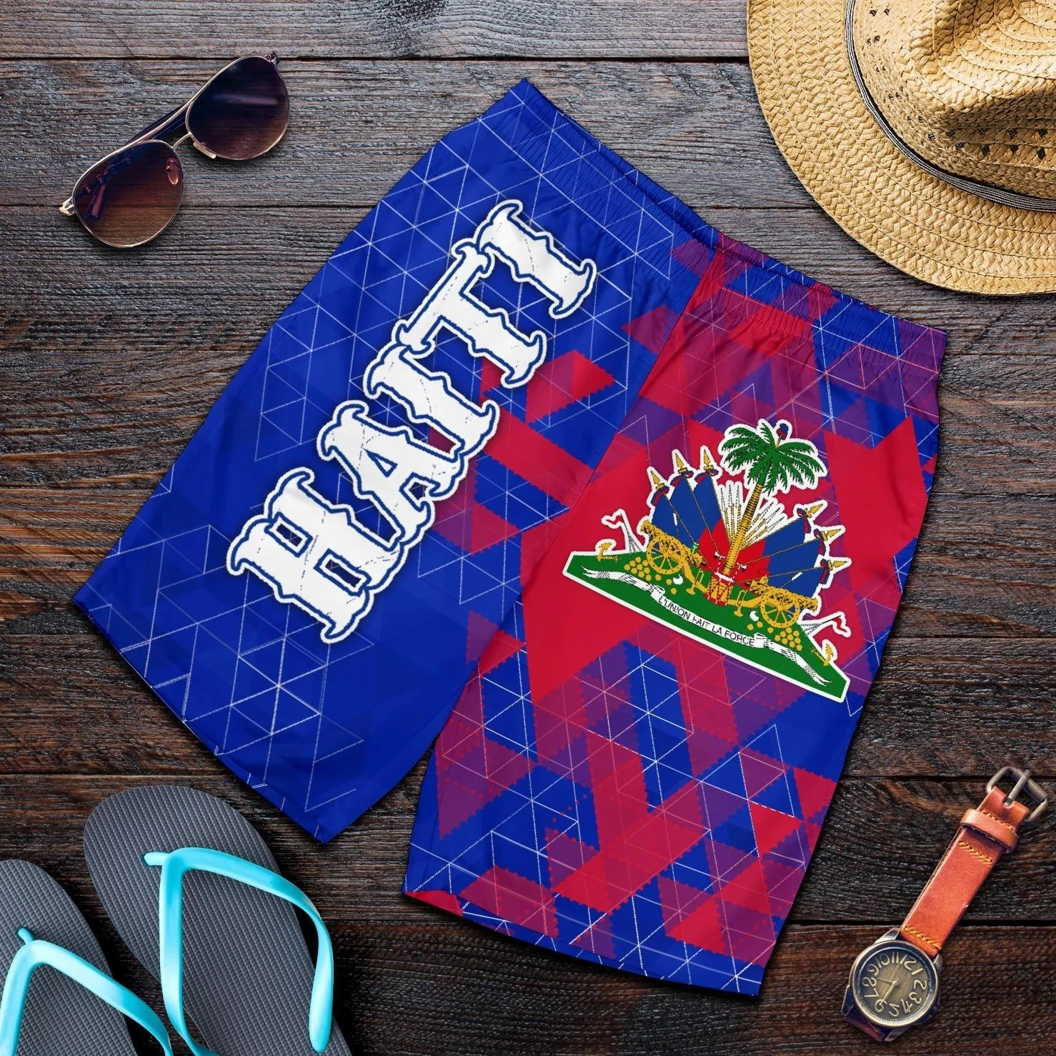 RED BLUE haitian flag clothing mens swim short summer beach wear mens mesh custom short trunk for boy wholesale