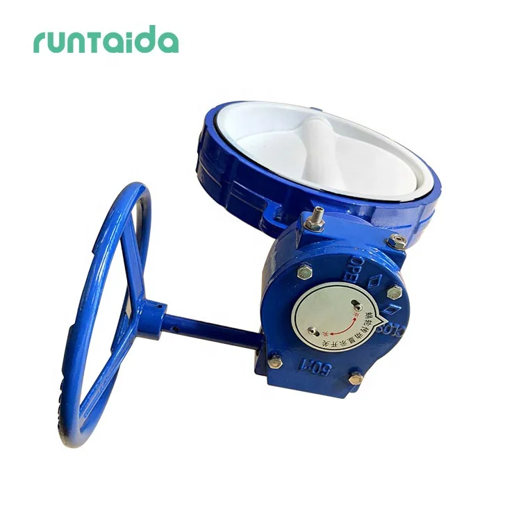 PN16 PN10 DN50-DN600 corrosive liquids wafer seal full ptfe lined manual industry worm gear actuator butterfly valve