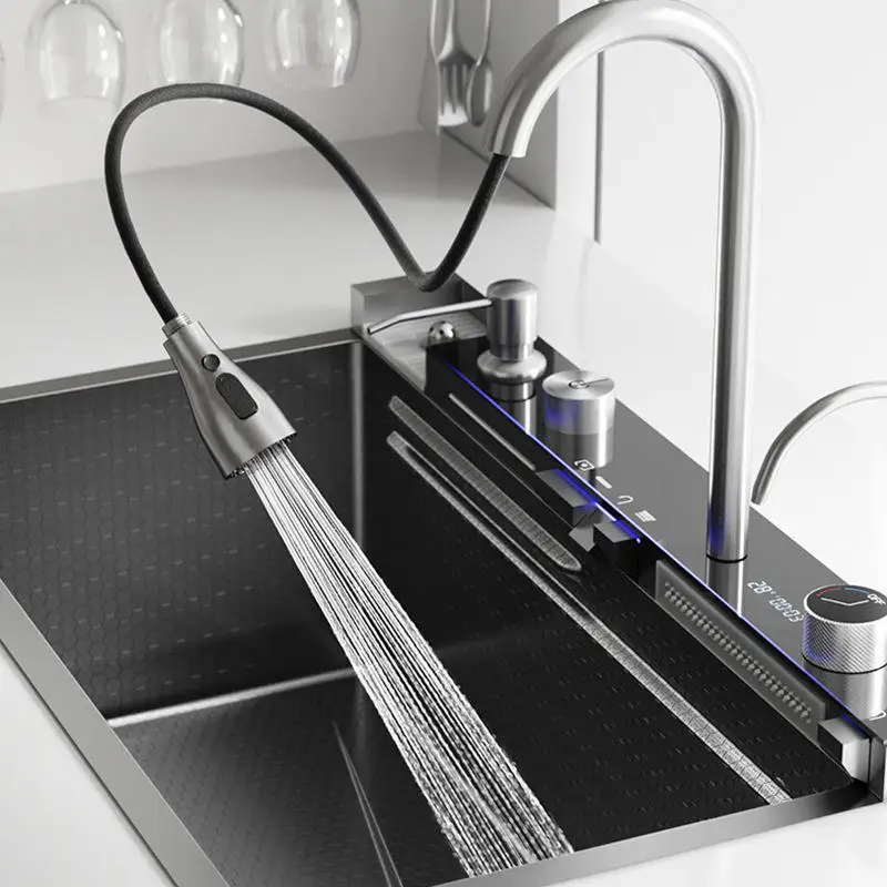 Luxury Modern Multifunctional Smart Waterfall Kitchen Sinks Set Draining Single Bowl 304 Stainless Steel Faucet Sink Kitchen