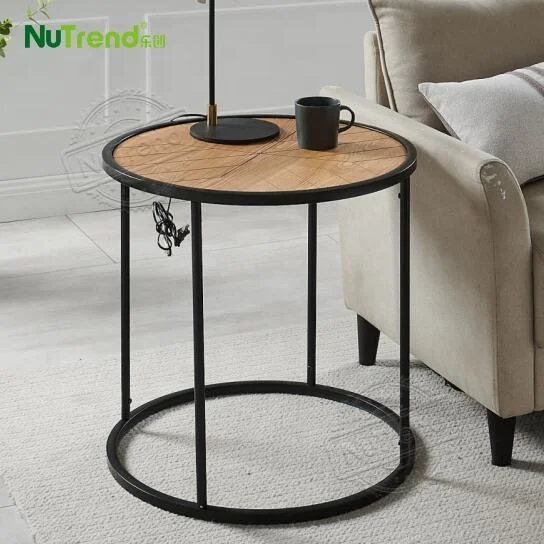 Antique Chevron Pattern Square Top Wood Veneer Metal Nesting Living Room Set of 2 Side Table