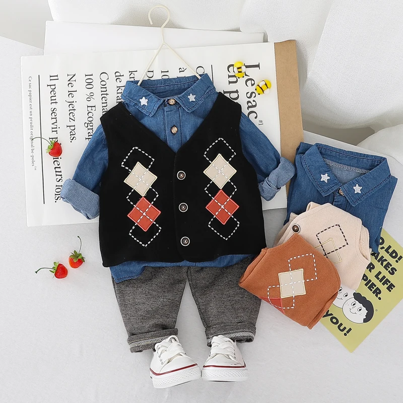 
Spring Korean fashion shirt vest cardigan three piece baby set 
