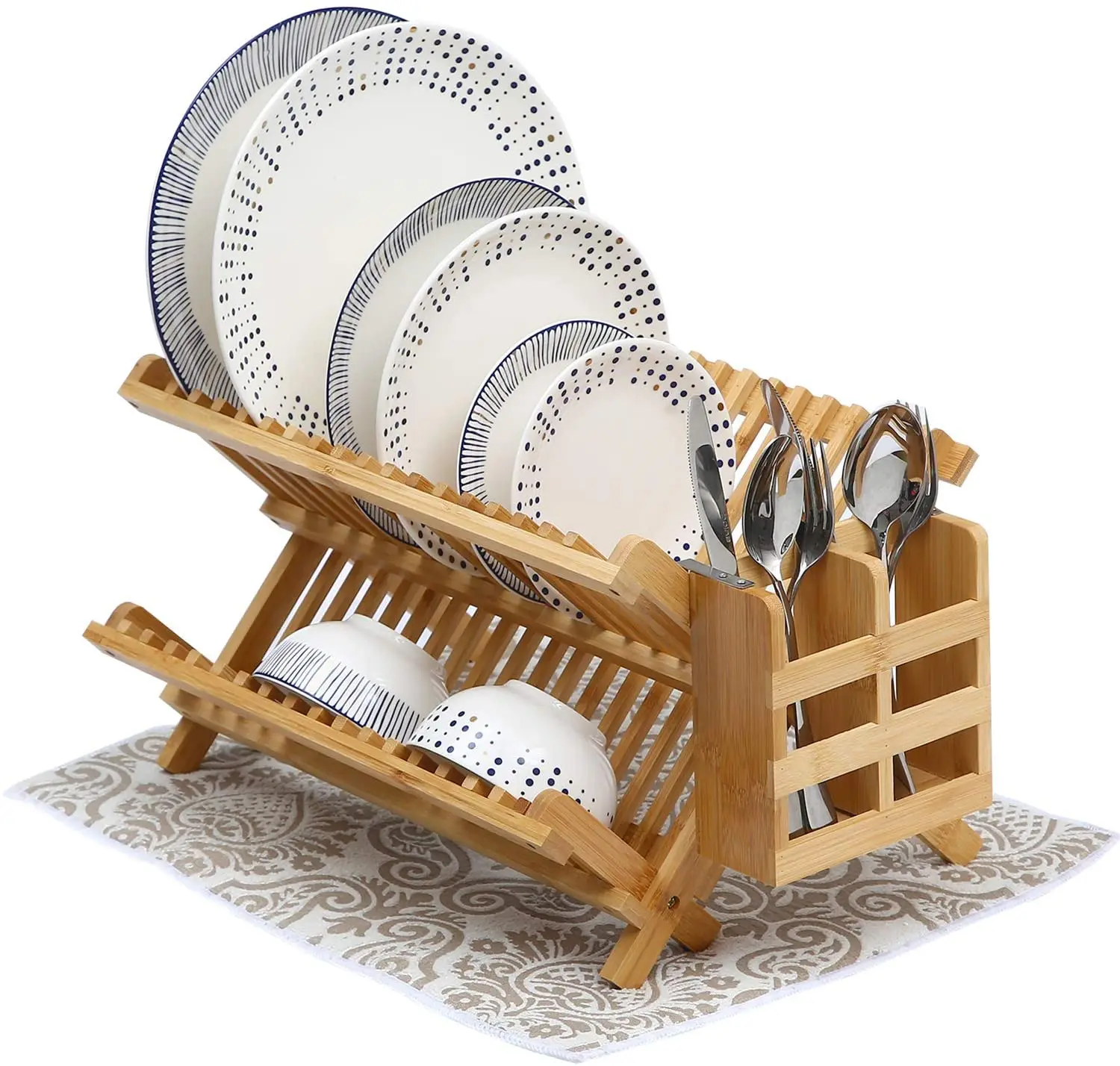 
Dual Tier Collapsible Dish Drying Rack with Utensils Holder Set Bamboo Dish Rack for Kitchen 