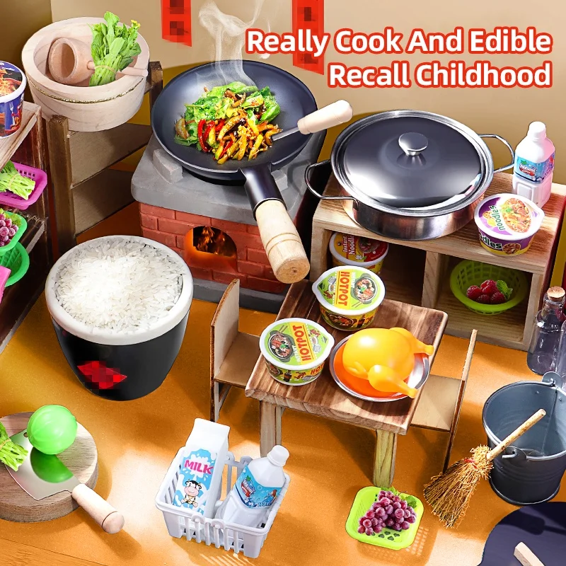 Kids Mini Kitchen Role Play Cook Play House Toy Stir-fry Cooking Toys True Boiling Wooden Complete Simulation Kitchen Set