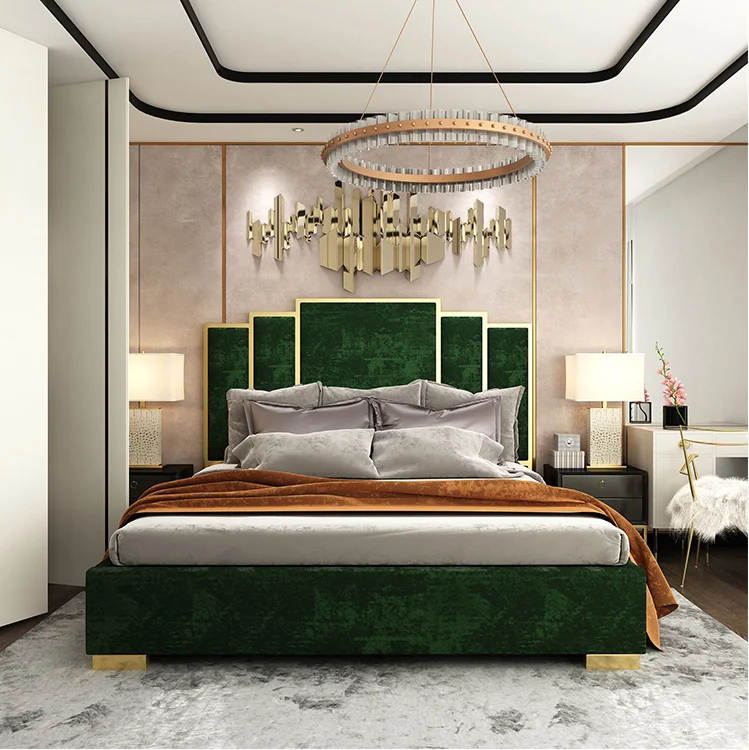Hot Sale Luxury Modern Fabric  Golden Stainless Steel Frame Bed