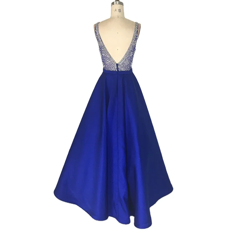Sexy V neck backless long royal blue prom dresses for formal evening party