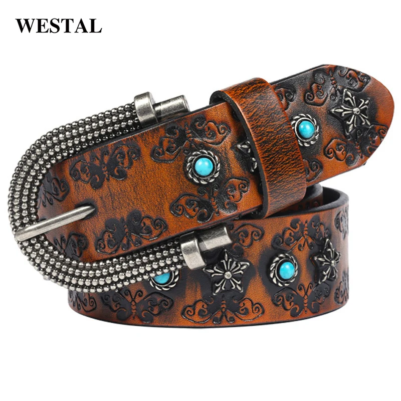 Westal Retro Waist Belts Women Ladies Butterfly Embossed Pin Buckle Leather Womens Belts for Jeans Luxury Belts for Women