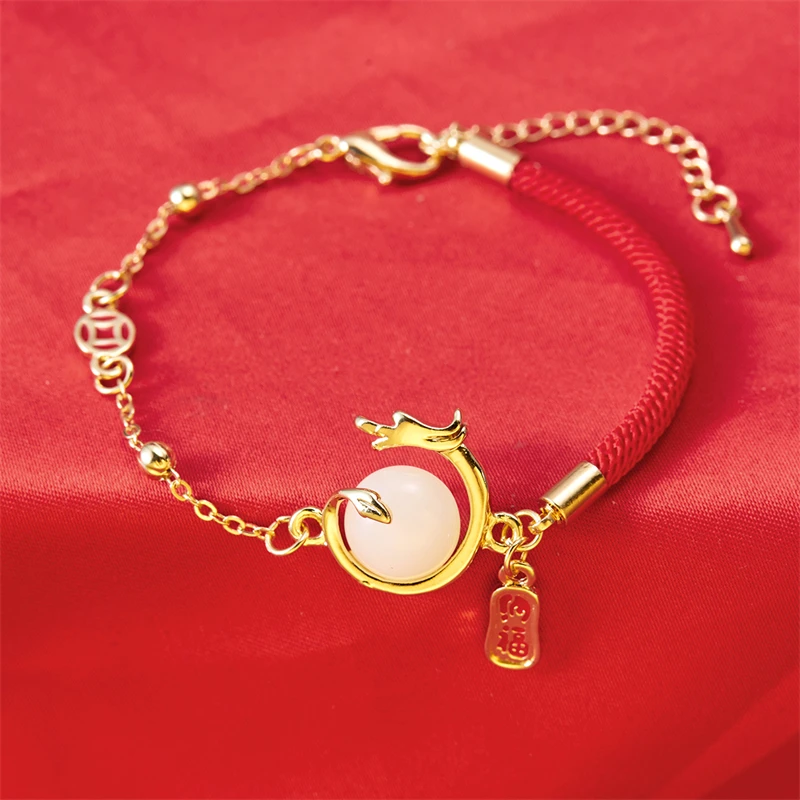 New Year Luxury Women Wholesale Price Gift Stone Bead Dragon String Bracelet Jade Red Dragon Bracelet
