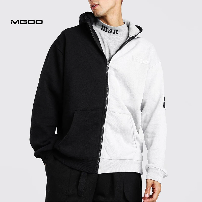 MGOO White And Black Half  Zip Up Hoodie Men Split 1/2 Color Pullover Front Pocket Fitness Hoodies