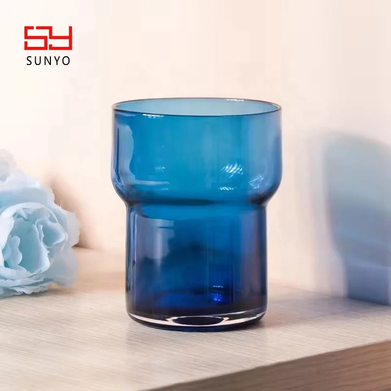 Custom Colored Design High Quality Handmade Borosilicate Stepped Surface Stacking Utility Blue Tumbler Colored Water Glasses
